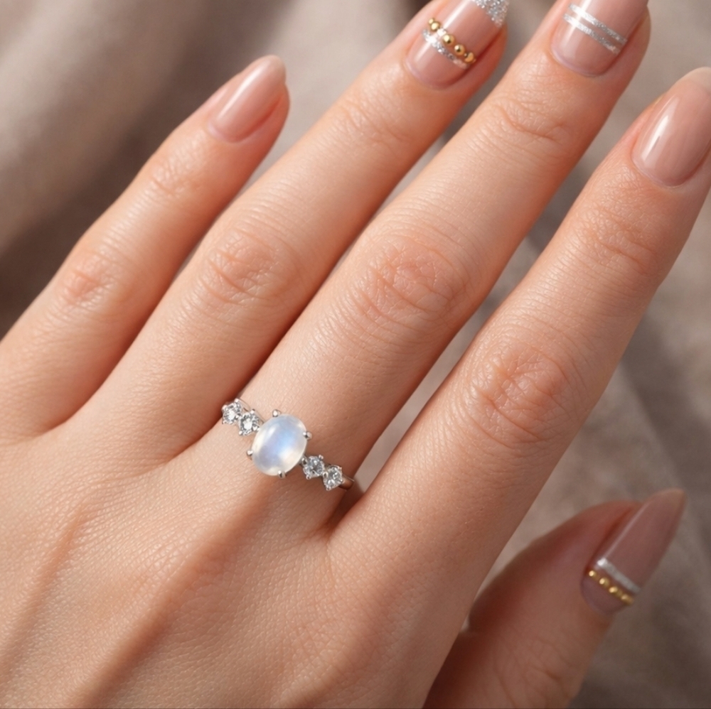 Celestial Dainty 925 Silver Genuine Moonstone CZ Minimalist Ring Size 7 - Picture 11 of 15